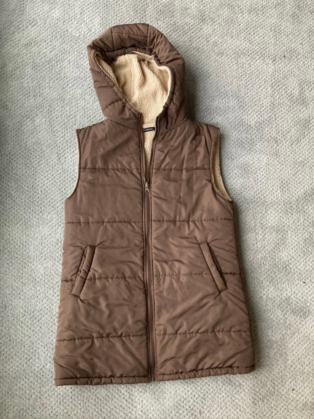 PrettyGarden Brown Sleeveless Hooded Puffer Vest with Sherpa Lining Size Medium